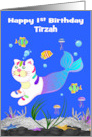 1st Birthday Custom Name with a Cute Purrmaid Swimming in the Ocean card