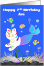 7th Birthday Custom Name with a Cute Purrmaid Swimming in the Ocean card