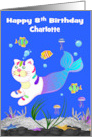 8th Birthday Custom Name with a Cute Purrmaid Swimming in the Ocean card