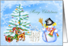 Christmas with a Cute Reindeer and Snowman in a Snowy Festive Scene card