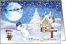 Christmas with an Adorable Cat and Snowman in a Winter Scene card