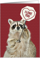 Love and Romance with an Adorable Raccoon Holding a I Love You Sign card