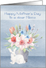 Mother’s Day to Niece with Bunny Sitting in Front of Beautiful Flowers card