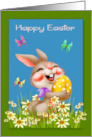 Easter with an Adorable Bunny Holding a Big Decorated Egg and Flowers card