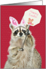 Easter with an Adorable Raccoon Wearing Bunny Ears Holding a Sign card