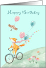 Birthday with a Fox Happily Riding a Bicycle Down a Hill and Balloons card