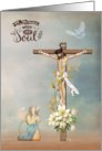 Easter Blessings with Jesus Hanging on a Cross an Angel and Dove card