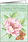 Birthday with a Beautiful Water Colored Pink Flower and Butterfly card