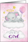 Announcement of Birth of Baby Girl with an Elephant Sitting on a Cloud card