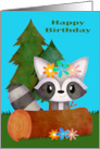Birthday with a Cute Raccoon Wearing Colorful Flowers Behind a Log card