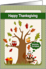 Thanksgiving a Turkey Hiding Behind a Tree with Owl and Leaves card