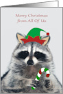 Christmas from All Of Us with an Elf Raccoon Holding a Candy Cane card