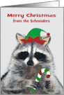 Christmas from Custom Name with an Elf Raccoon Holding a Candy Cane card