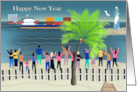 New Year 2025 Humor with a Group of People Waving at Cargo Ships card
