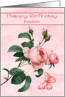 Birthday Custom Name with a Pink Rose and a Butterfly in Flight card