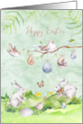 Easter with a Bird Perched on a Branch and Two Rabbits in The Grass card