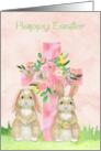 Easter with a Beautiful Flowered Cross and Two Rabbits in the Grass card