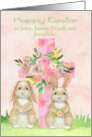 Easter Custom Name with a Beautiful Flowered Cross and Two Rabbits card
