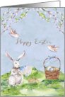 Easter with a Beautiful Bunny and Birds in Flight Among Flower Limbs card