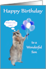 Happy Birthday to Son with a Raccoon Holding a Bunch of Balloons card