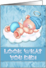 Congratulations on New Baby Boy with an Angel Bear Floating on a Cloud card
