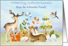 Christmas from Custom Name with Reindeer surrounding Festive Gifts card