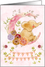 Birthday an Elephant Sitting on the Moon with Beautiful Flowers card