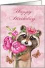 Birthdy with a Beautiful Raccoon Holding Flowers and Butterflies card