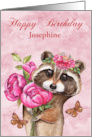 Birthday Custom Name with a Beautiful Raccoon Holding Flowers card