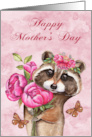 Mother’s Day with a Beautiful Raccoon Holding Flowers and Butterflies card