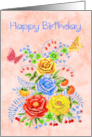 Birthday with a Beautiful Bouquet of Summer Flowers and Butterflies card