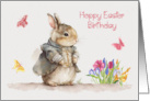 Birthday on Easter with an Adorable Bunny and Beautiful Spring Flowers card