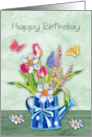 Birthday with a Beautiful Pot of Spring Flowers and Butterflies card