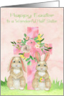Easter to Half Sister with a Beautiful Flowered Cross and Cute Rabbits card
