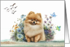Blank Note Card with a Golden Pomeranian Sitting in Flowers and Birds card