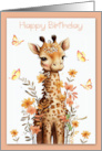 Birthday with a Cute Giraffe Surrounded by Flowers and Butterflies card