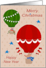 Christmas with a Cat and Reindeer Floating in Festive Hot Air Balloons card