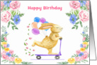 Birthday with a Rabbit Riding a Purple Scooter Surrounded by Flowers card