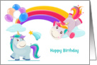 Birthday with Happy Unicorns Under a Rainbow and Colorful Balloons card