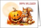 Halloween with a Cute Squirrel and Baby by a Jack O Lantern card