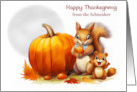 Thanksgiving Custom Name with a Cute Squirrel and Baby by a Pumpkin card