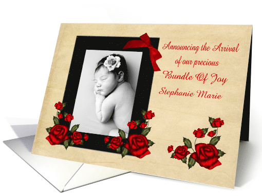 Announcements on New Baby, custom photo card, wood frame, roses card