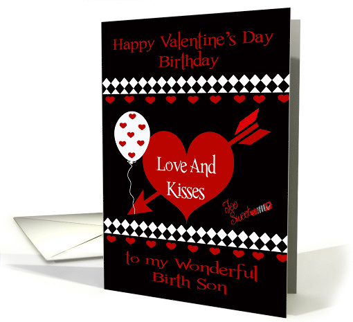 Birthday on Valentine's Day to Birth Son with Red Hearts on Black card
