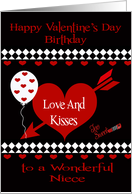 Birthday on Valentine’s Day to Niece with Red Hearts and a Balloon card