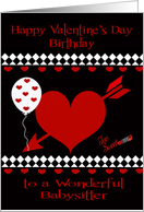 Birthday on Valentine’s Day To Babysitter, Red heart, white diamonds card