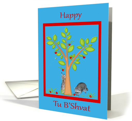 Tu B'Shvat with Raccoons Under an Apple Tree in a Red Frame card