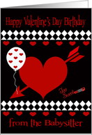 Birthday on Valentine’s Day from Babysitter, Red heart, white diamonds card