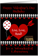 Birthday on Valentine’s Day To Librarian, Red heart, white diamonds card