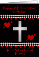 Birthday on Valentine’s Day To Priest, Red hearts with a white cross card