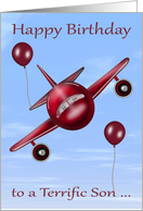 Happy Birthday to Son who is a Pilot with Raccoons Flying a Plane card